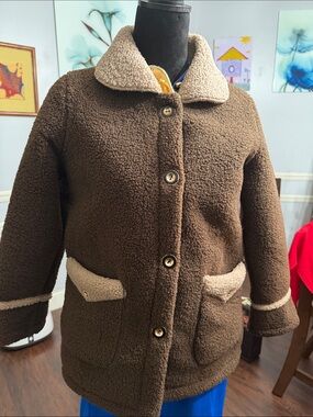 Source Unknown Chocolate Brown Teddy Coat with Cream Trim